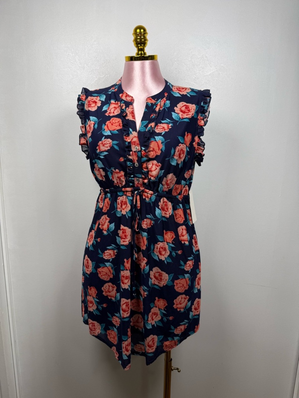 Siren Lily Maternity Floral Dress Size M Navy Rose Print Ruffle Sleeve Tie Waist